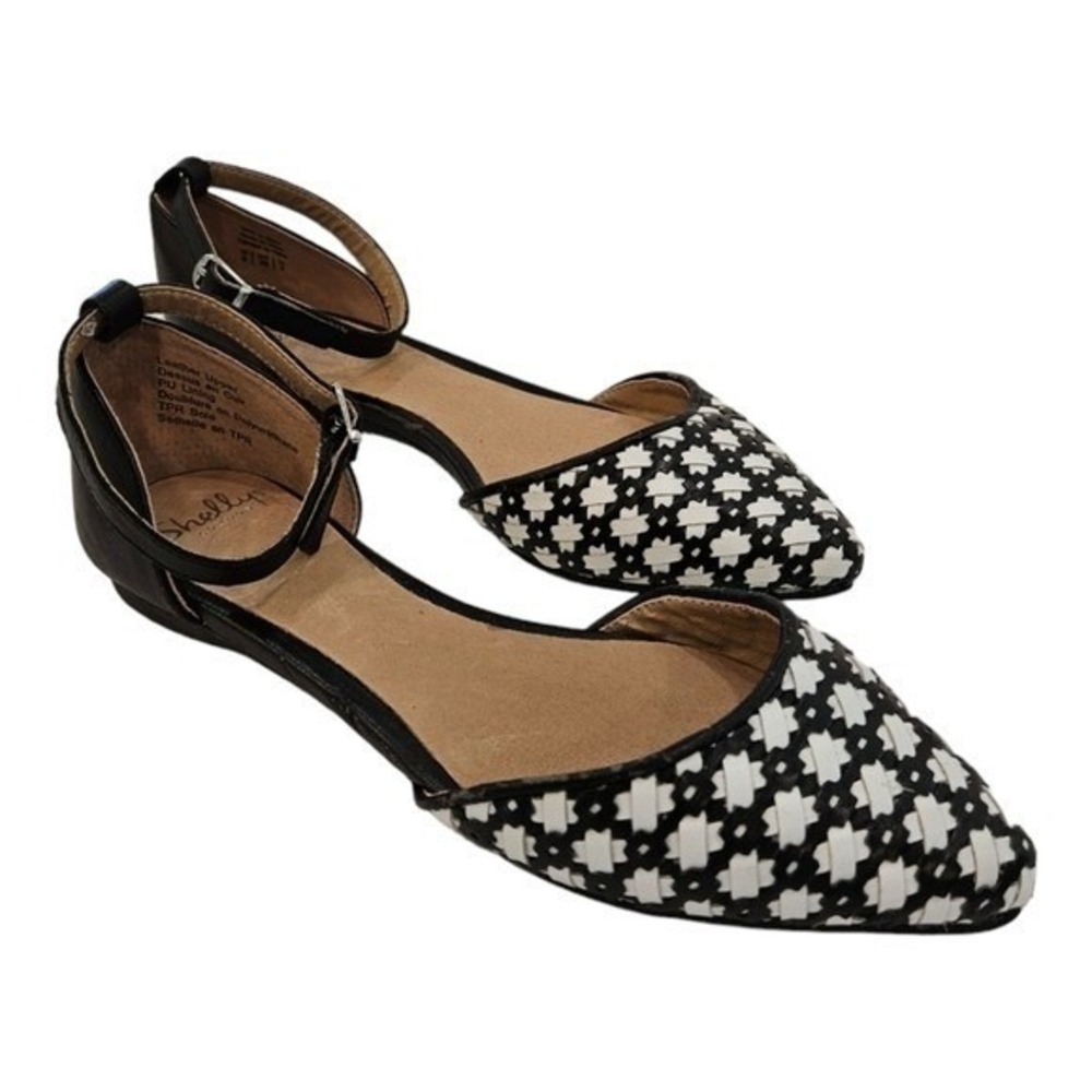 Shellys London Woven Leather Flats‎ 9 Ankle Straps Floral Checked Retro EU 39
